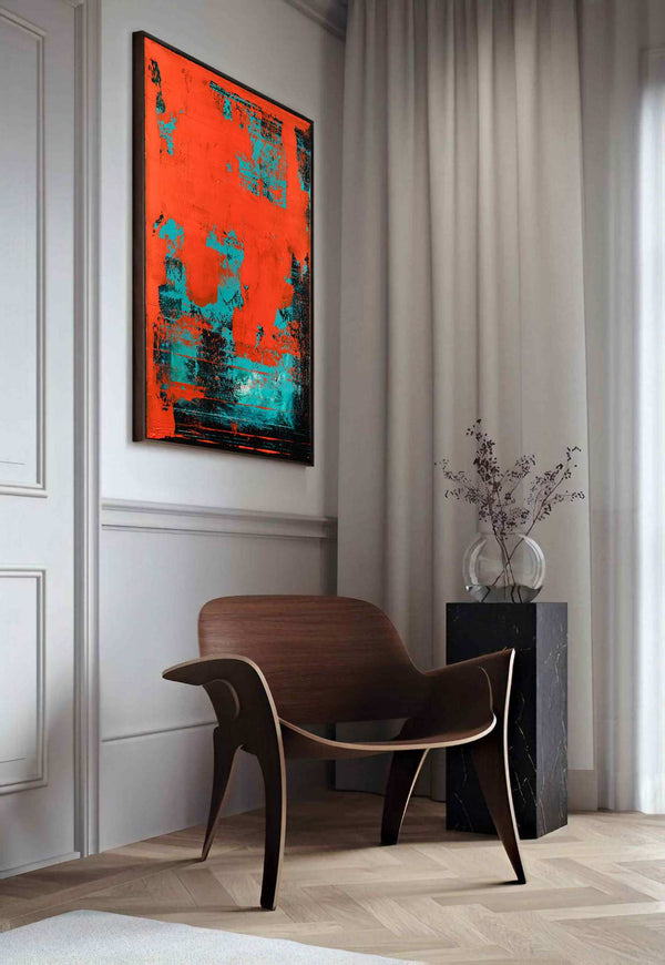 Omen, orange original abstract painting shown in a styled living room, by Nemanja Nikolic