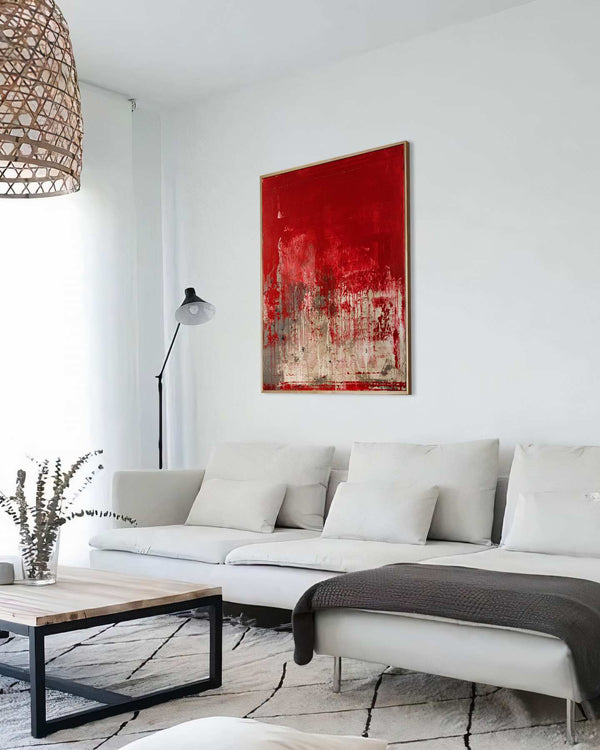 Omnino, red original abstract painting shown in a styled living room, by Nemanja Nikolic