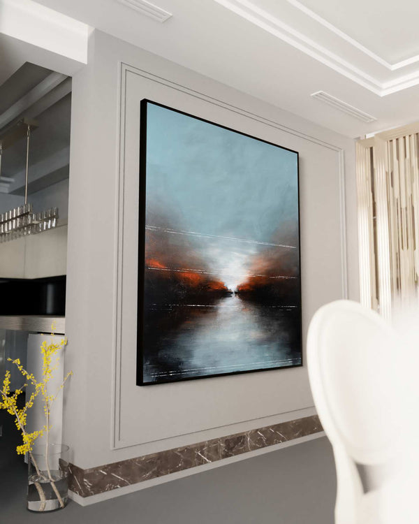 One Last Time, blue original abstract painting shown in a styled living room, by Nemanja Nikolic