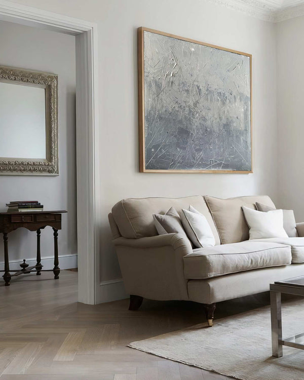 Oscillatorium, grey original abstract painting shown in a styled living room, by Nemanja Nikolic
