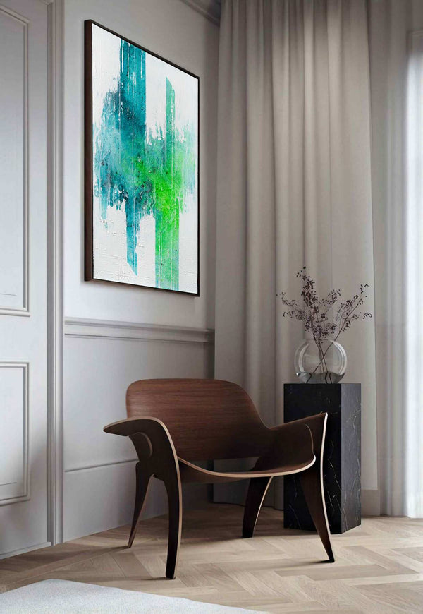 Overlooking the green, turquoise original abstract painting shown in a styled living room, by Nemanja Nikolic