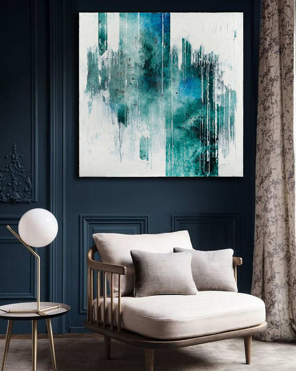Praestrictus, teal original abstract painting shown in a styled living room, by Nemanja Nikolic