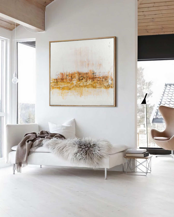 Paper Trails, white original abstract painting shown in a styled living room, by Nemanja Nikolic