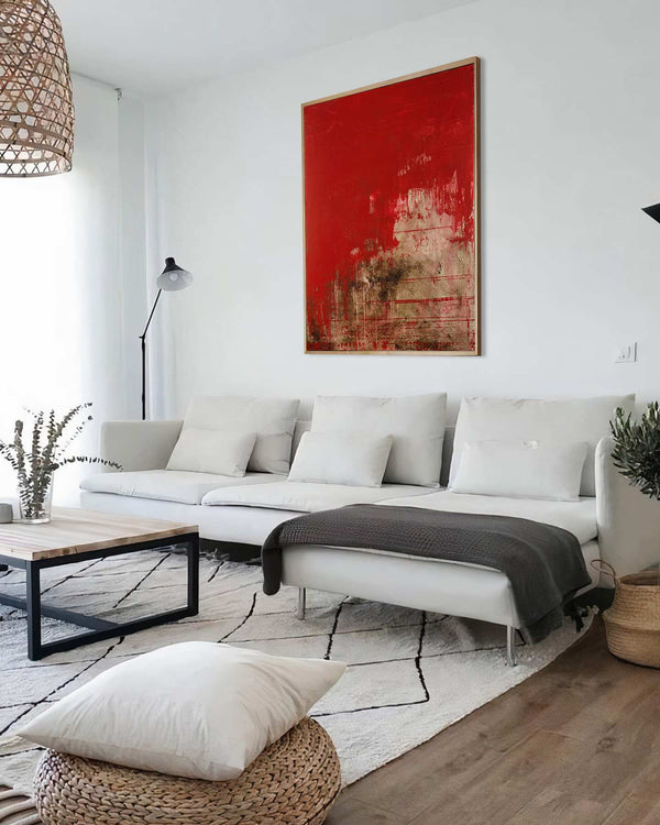 Per Aspera Ad Astra, red original abstract painting shown in a styled living room, by Nemanja Nikolic