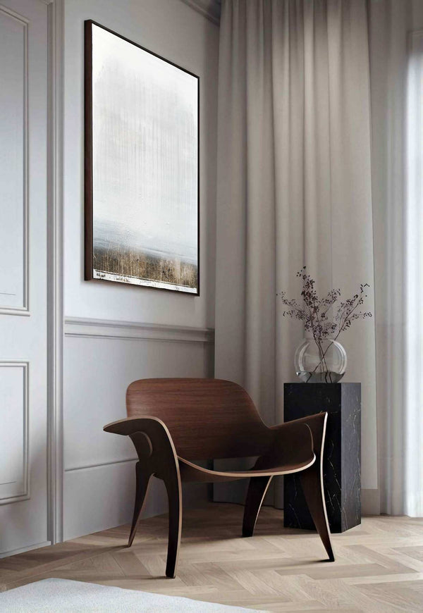 Place to Hide, grey original abstract painting shown in a styled living room, by Nemanja Nikolic