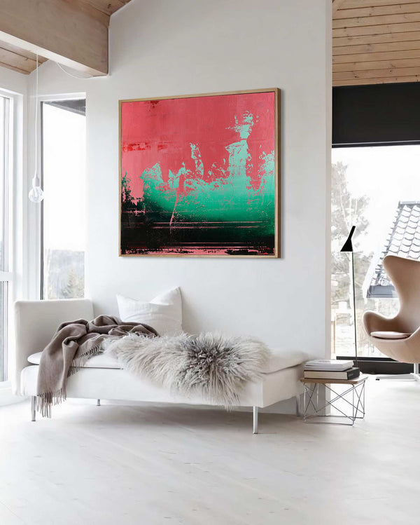 Place to Stay, red original abstract painting shown in a styled living room, by Nemanja Nikolic
