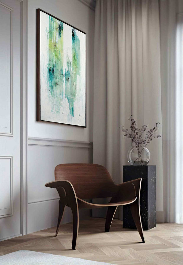 Primordial, green original abstract painting shown in a contemporary room setting, by Nemanja Nikolic