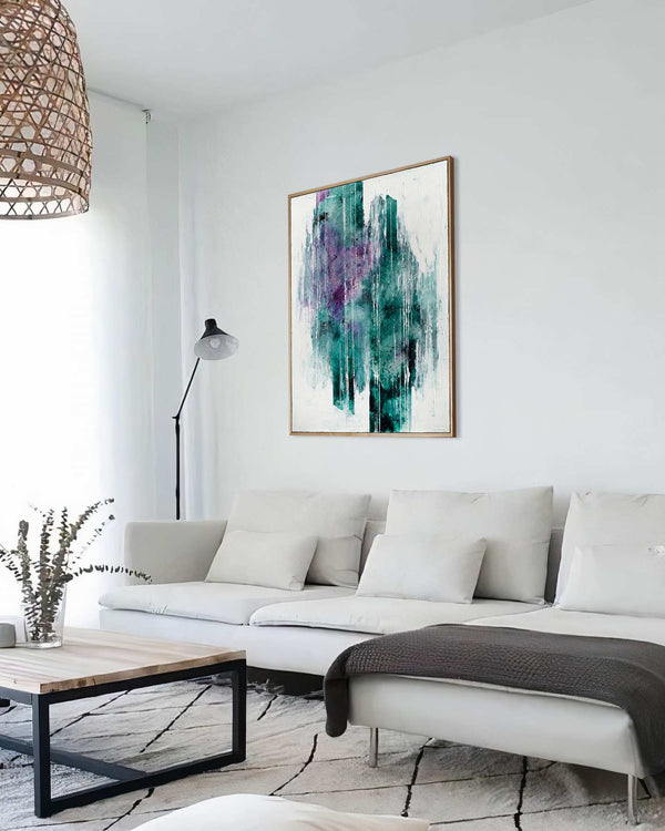 Purpura, green original abstract painting shown in a styled living room, by Nemanja Nikolic