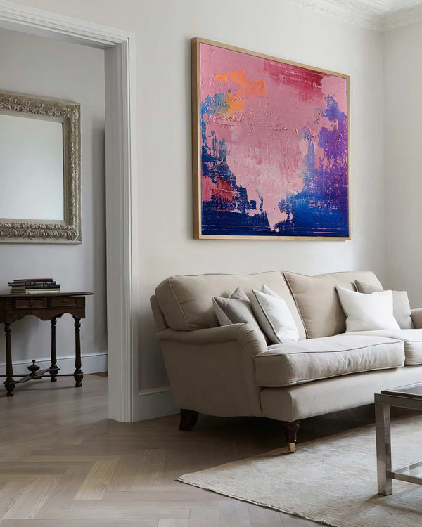 Quiet Little Place, pink original abstract painting shown in a styled living room, by Nemanja Nikolic