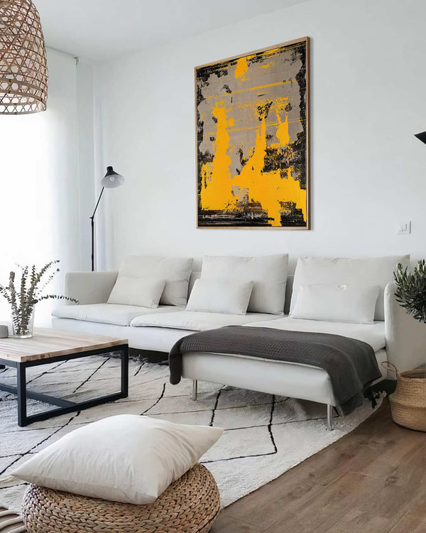 Recollections, yellow original abstract painting shown in a styled living room, by Nemanja Nikolic