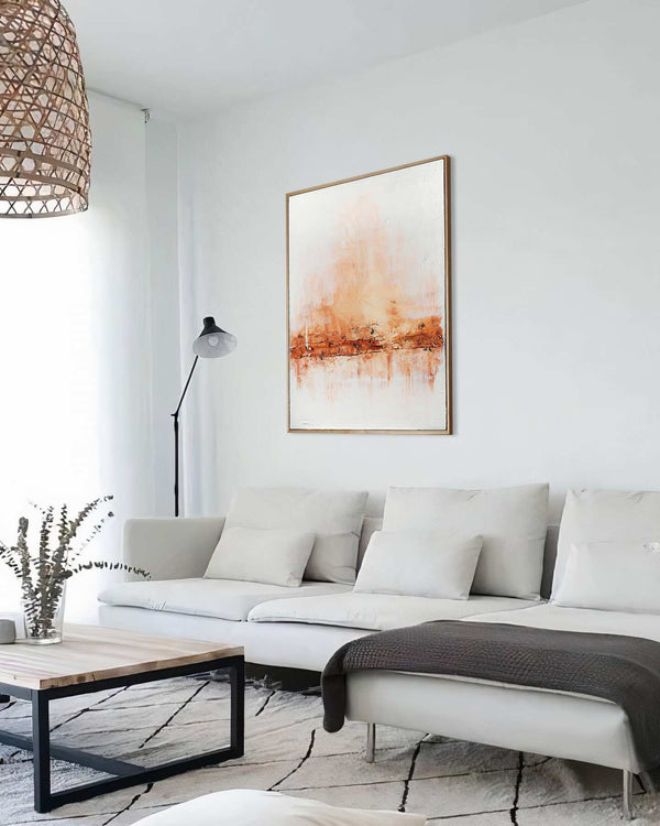 Red Rocks, white original abstract painting shown in a styled living room, by Nemanja Nikolic