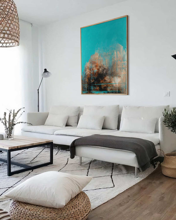 Redemption, turquoise original abstract painting shown in a styled living room, by Nemanja Nikolic