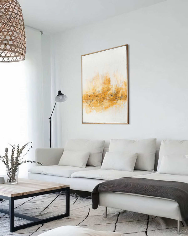Rhythm inside, cream original abstract painting shown in a styled living room, by Nemanja Nikolic