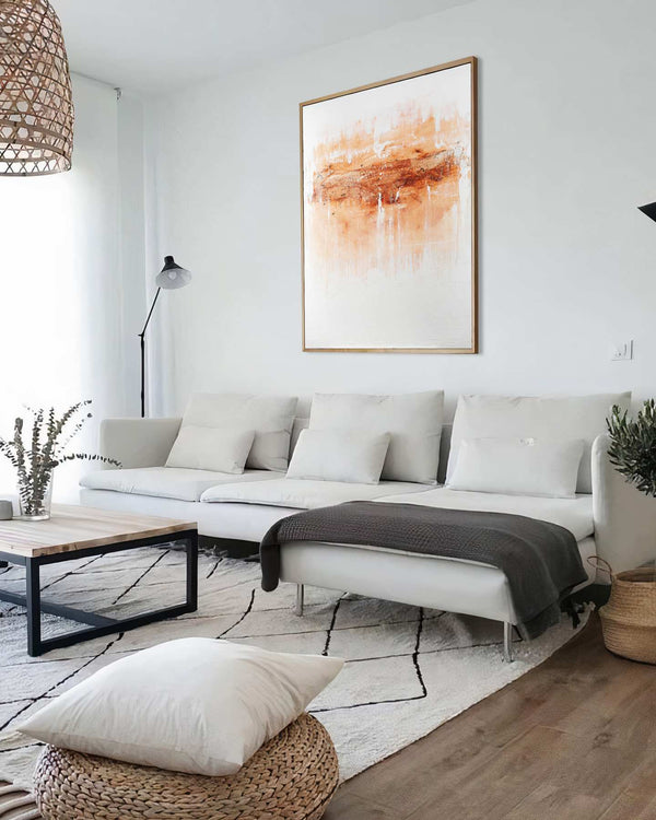 Rustic Dreams, white original abstract painting shown in a styled living room, by Nemanja Nikolic