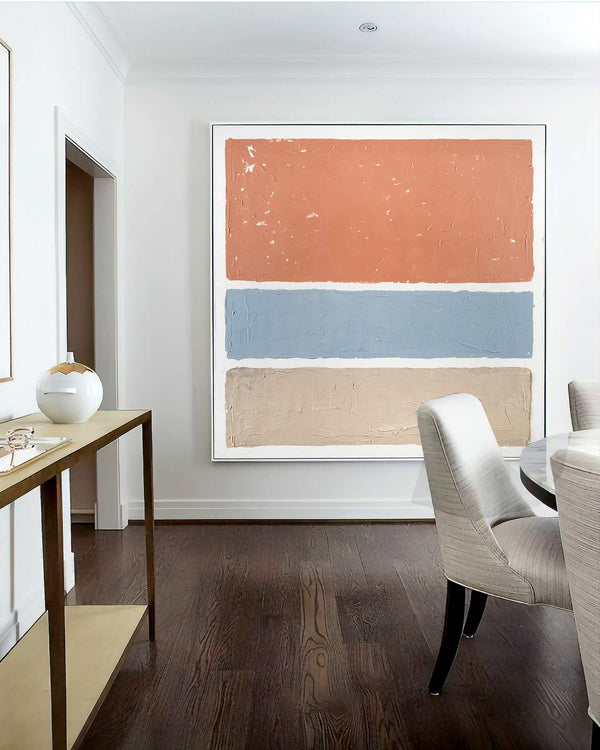 Sand, sea and sunset, orange original abstract painting shown in a styled living room, by Nemanja Nikolic