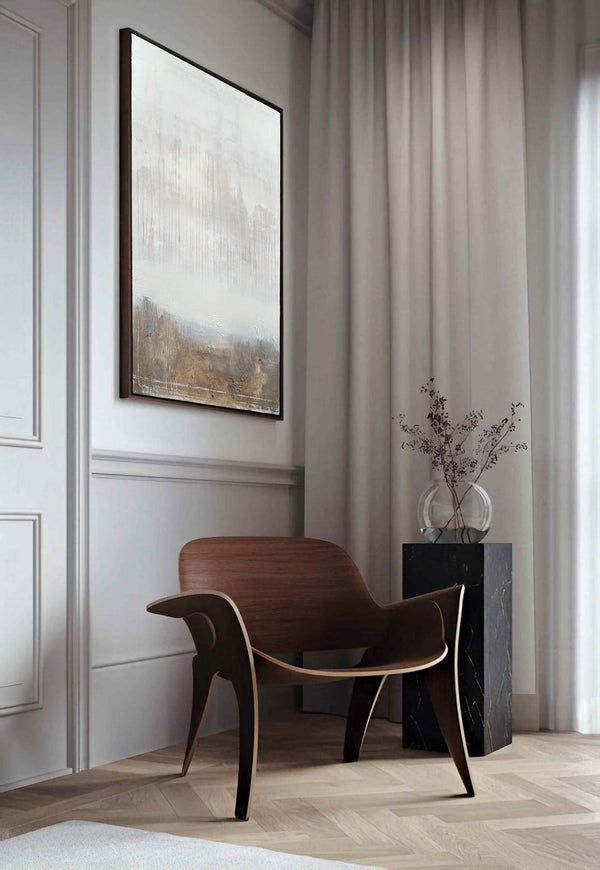Sandy Horizon, grey original abstract painting shown in a styled living room, by Nemanja Nikolic