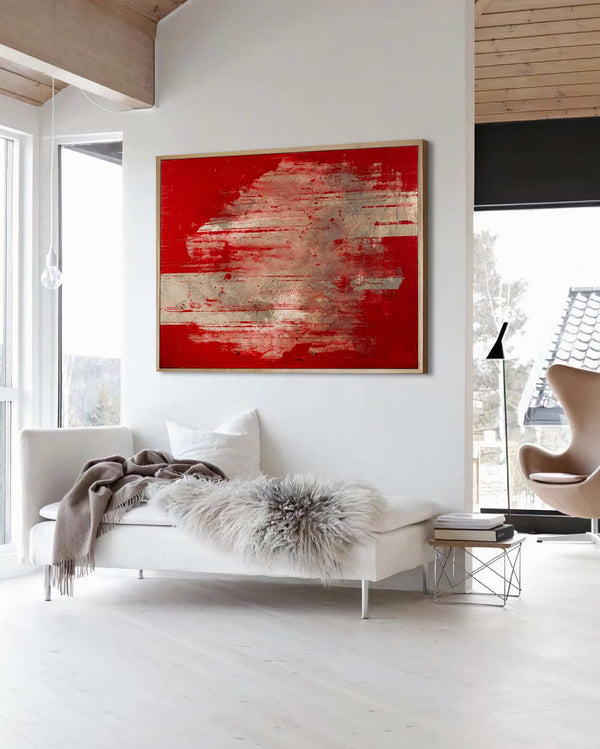 Sanguis, red original abstract painting shown in a styled living room, by Nemanja Nikolic