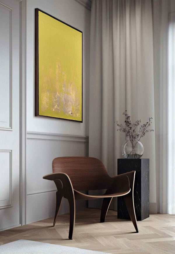 Serpentine, yellow original abstract painting shown in a styled living room, by Nemanja Nikolic