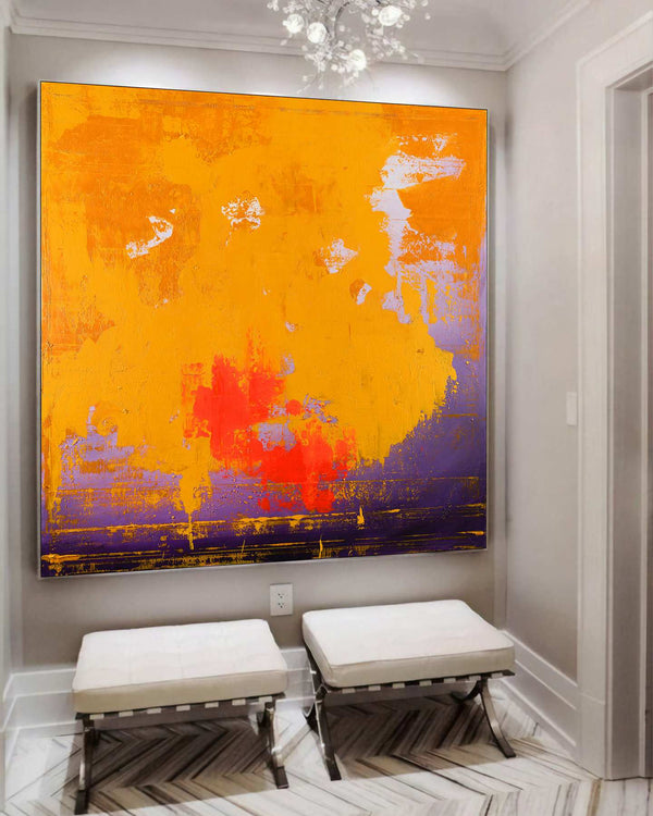 Seven Little Words, yellow original abstract painting shown in a styled living room, by Nemanja Nikolic