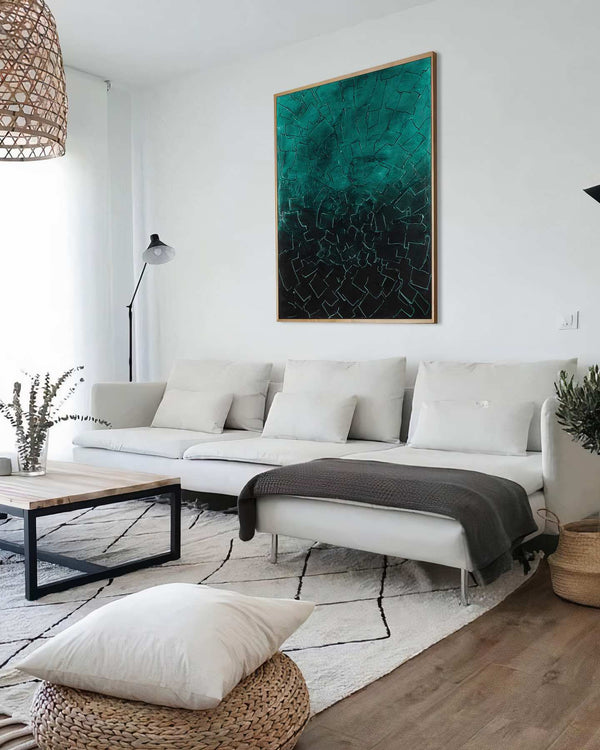 Side by Side, green original abstract painting shown in a styled living room, by Nemanja Nikolic