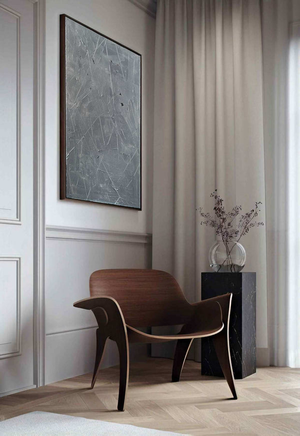 Silver Spoon, grey original abstract painting shown in a styled living room, by Nemanja Nikolic