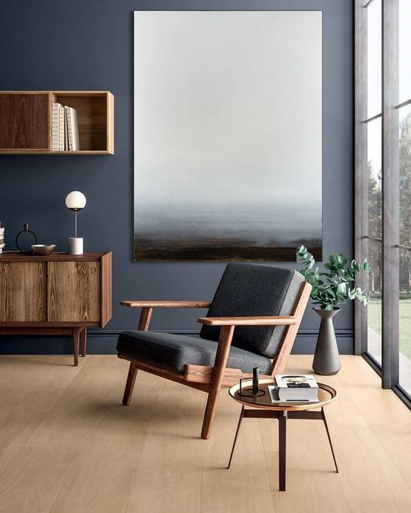 Since the Dawn of Time, white original abstract painting shown in a styled living room, by Nemanja Nikolic