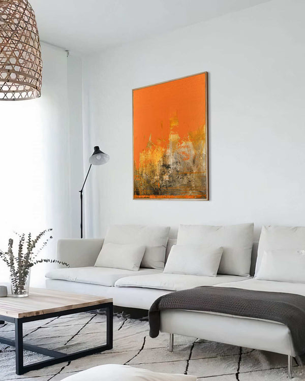 Single Spark, orange original abstract painting shown in a styled living room, by Nemanja Nikolic