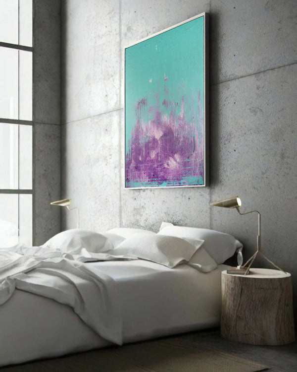 Sinnerman, turquoise original abstract painting shown in a styled living room, by Nemanja Nikolic