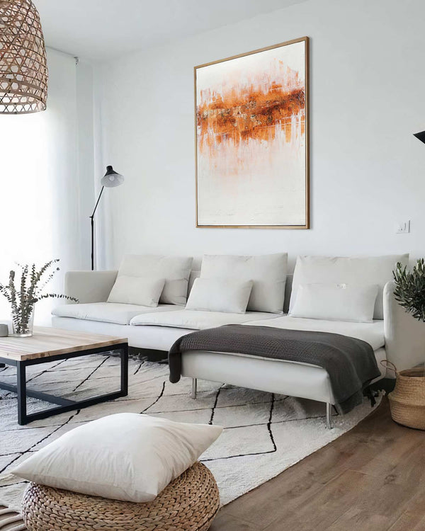 Sinopite, white original abstract painting shown in a styled living room, by Nemanja Nikolic