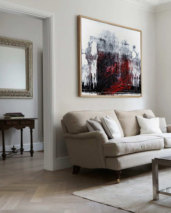 Sleeping a thousand years, white original abstract painting shown in a styled living room, by Nemanja Nikolic