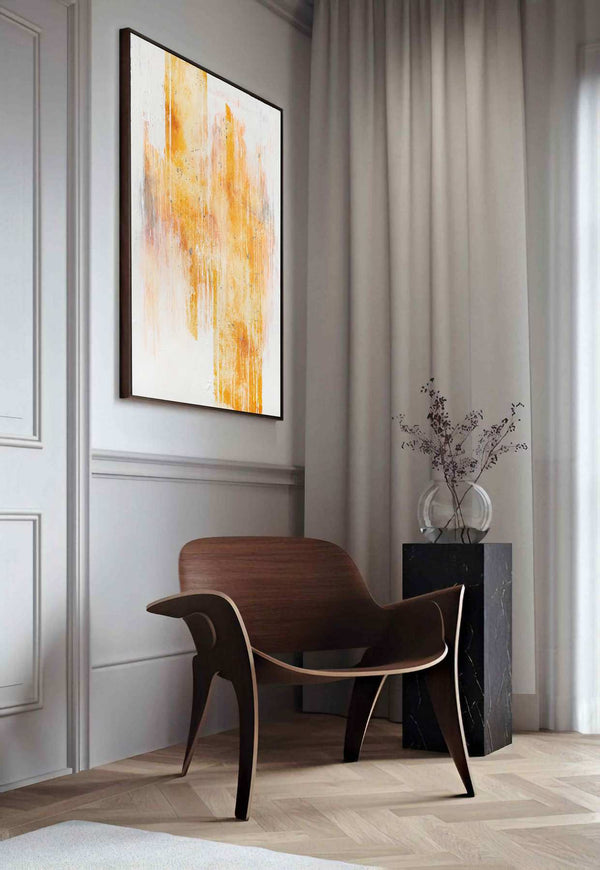 Solis, white original abstract painting shown in a styled living room, by Nemanja Nikolic