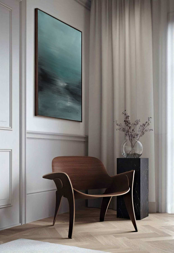 Starless Sky, teal original abstract painting shown in a styled living room, by Nemanja Nikolic