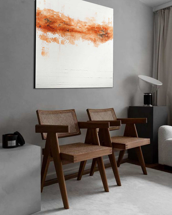 Steppe, white original abstract painting shown in a styled living room, by Nemanja Nikolic