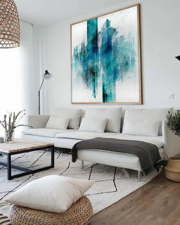 Stiria, teal original abstract painting shown in a styled living room, by Nemanja Nikolic
