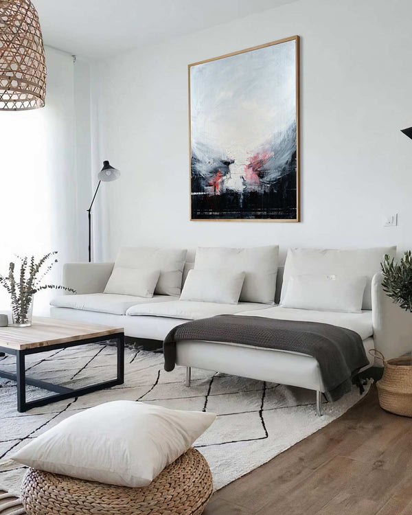 Susurrus, grey original abstract painting shown in a styled living room, by Nemanja Nikolic