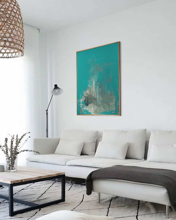 Teal Shadow, teal original abstract painting shown in a styled living room, by Nemanja Nikolic