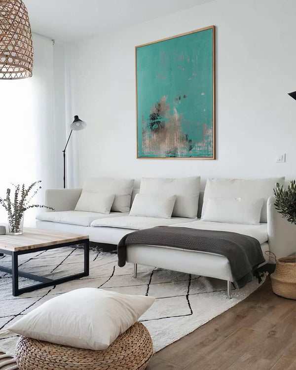 Teal Stone, teal original abstract painting shown in a styled living room, by Nemanja Nikolic