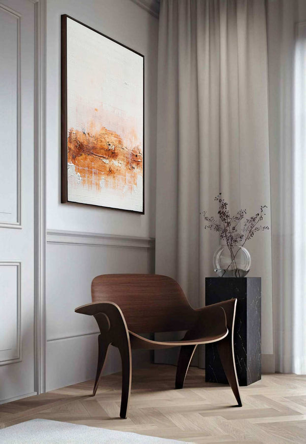 Terram Rubrum, cream original abstract painting shown in a styled living room, by Nemanja Nikolic