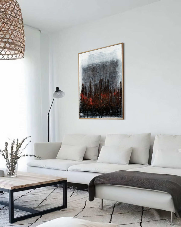 The Gate, grey original abstract painting shown in a styled living room, by Nemanja Nikolic