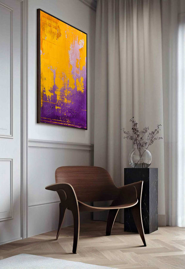 The Lies You've Told, yellow original abstract painting shown in a styled living room, by Nemanja Nikolic