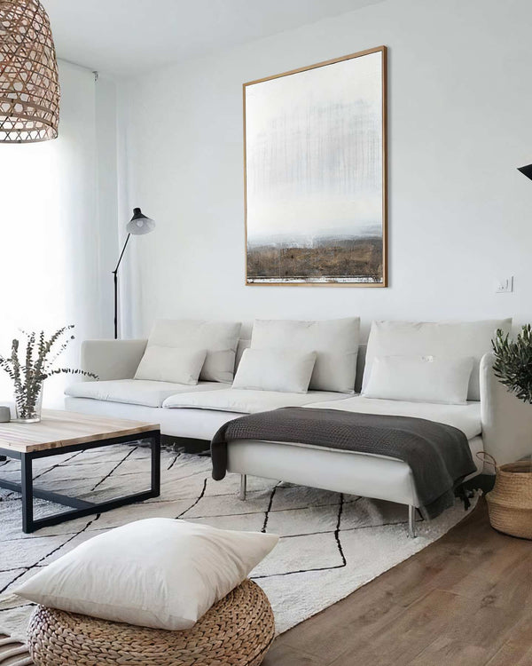 The Lost Kingdom, white original abstract painting shown in a styled living room, by Nemanja Nikolic