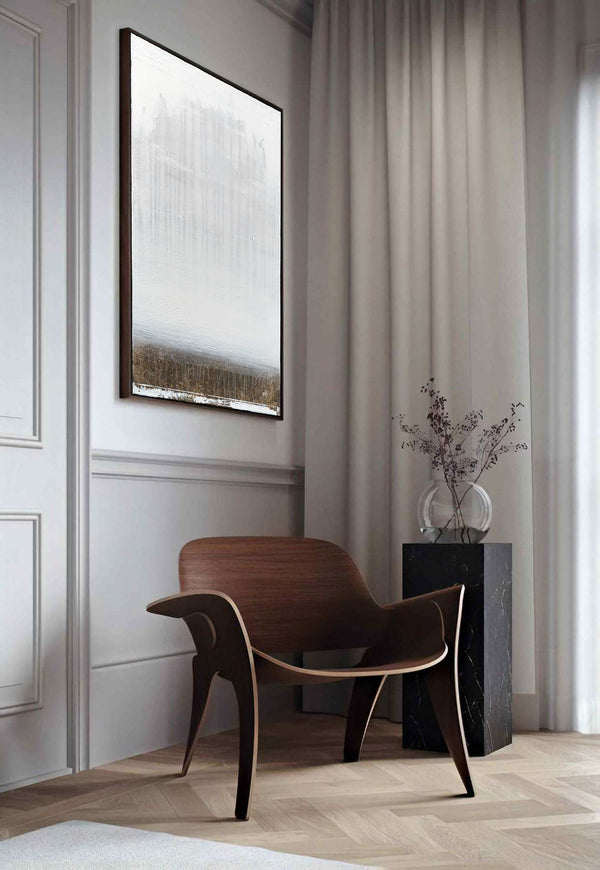 The Missing Continent, white original abstract painting shown in a styled living room, by Nemanja Nikolic