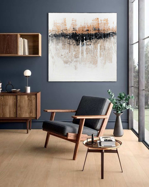 The Spotless Mind, white original abstract painting shown in a styled living room, by Nemanja Nikolic