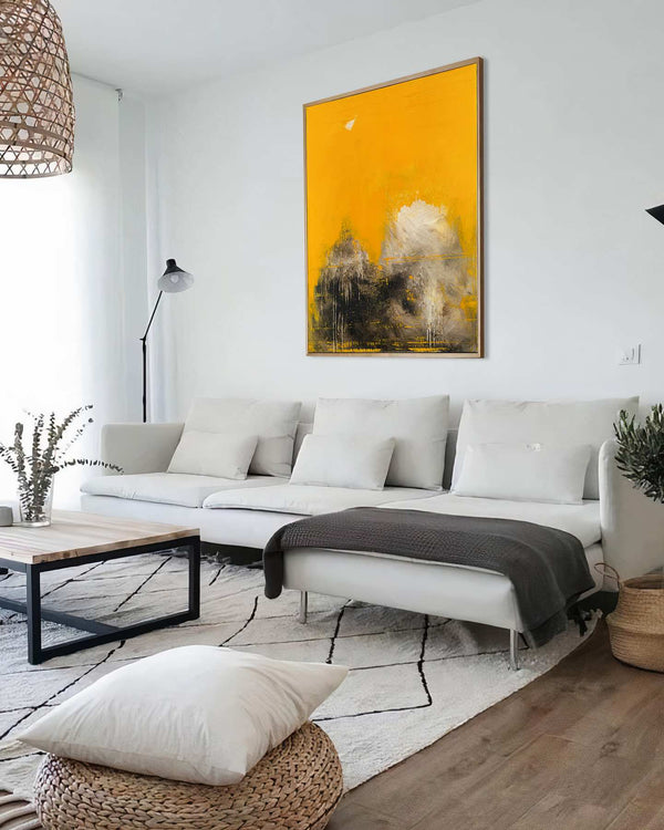 The Way She Walked, yellow original abstract painting shown in a styled living room, by Nemanja Nikolic