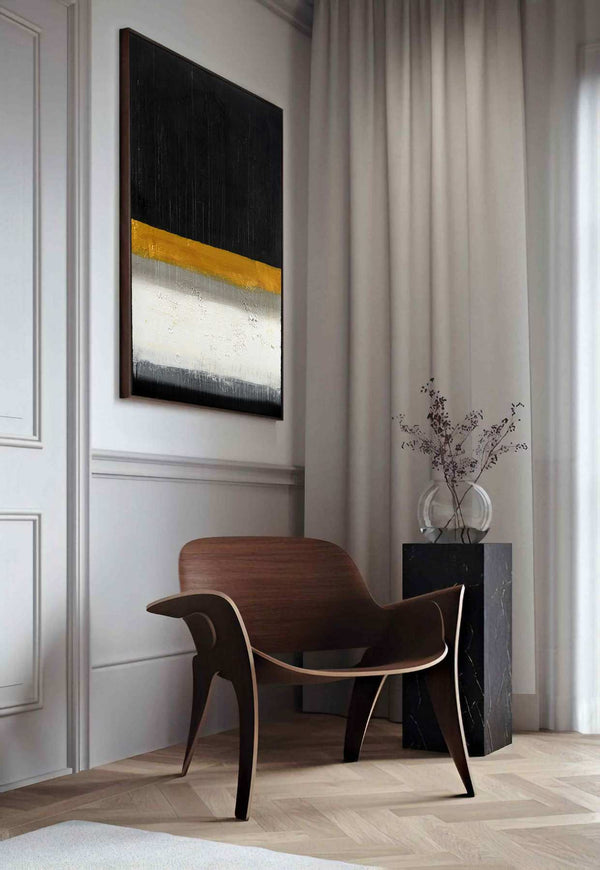 The Silent River, black original abstract painting shown in a styled living room, by Nemanja Nikolic