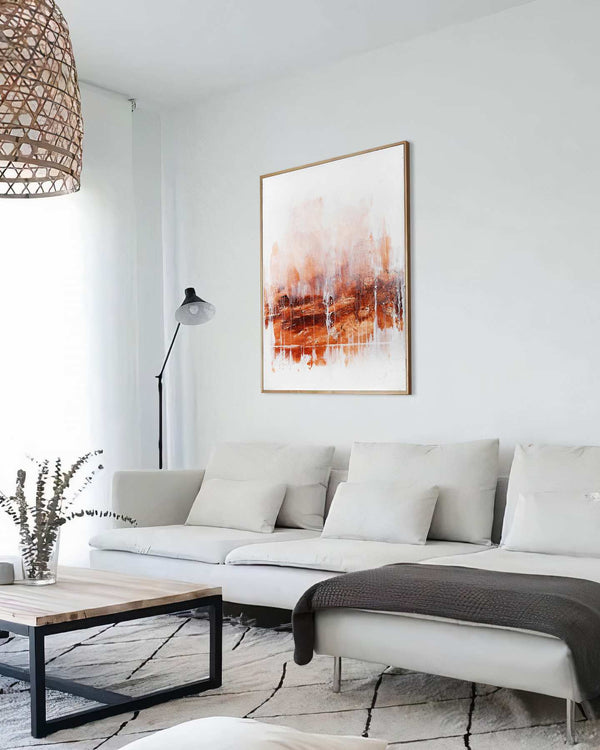 There'll be no end, white original abstract painting shown in a styled living room, by Nemanja Nikolic