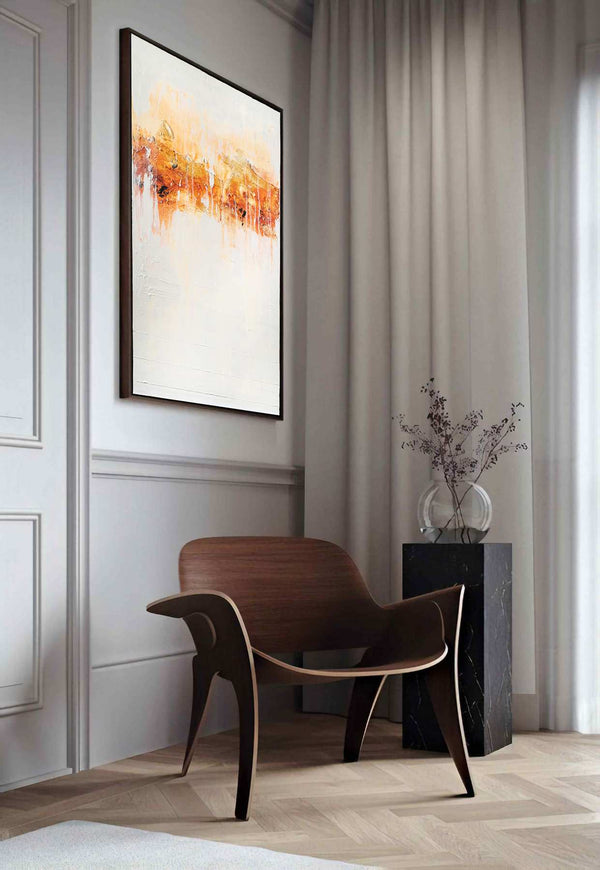 This silence I crave, cream original abstract painting shown on a feature wall, by Nemanja Nikolic