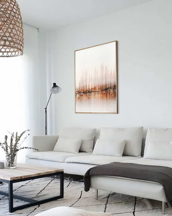 Throughout Eternity, white original abstract painting shown in a styled living room, by Nemanja Nikolic