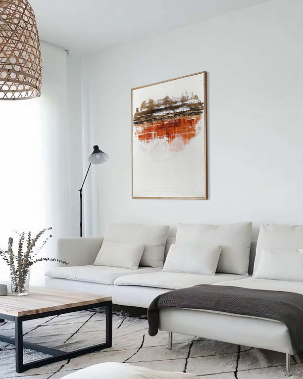 Throughout Our Borders, white original abstract painting shown in a styled living room, by Nemanja Nikolic
