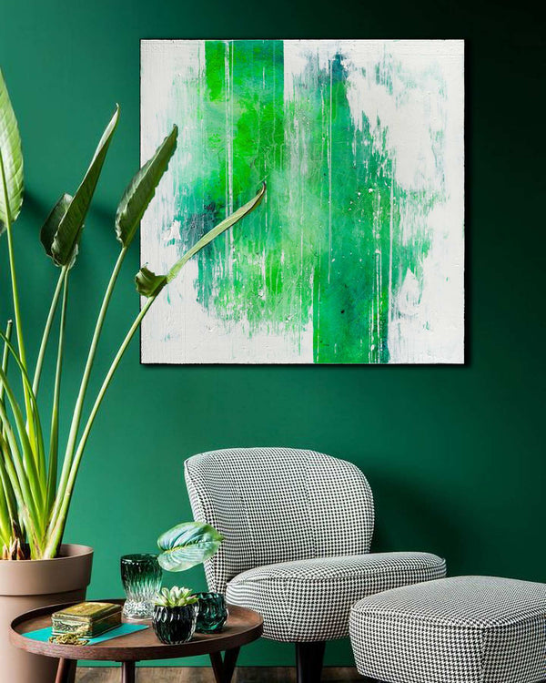 Through the silence I seek, green original abstract painting shown in a styled living room, by Nemanja Nikolic